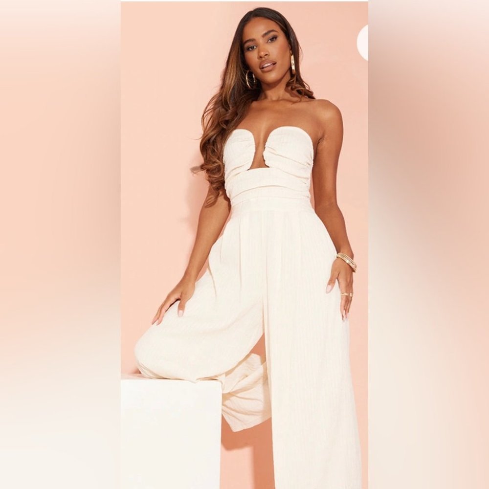 PRETTYLITTLETHINGS CREAM TEXTURED WIDE LEG JUMPSUIT